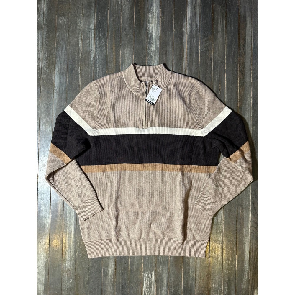 Sonoma Goods for Life Mens Quarter Zip Colorblock Ribbed Sweater Tan Brown